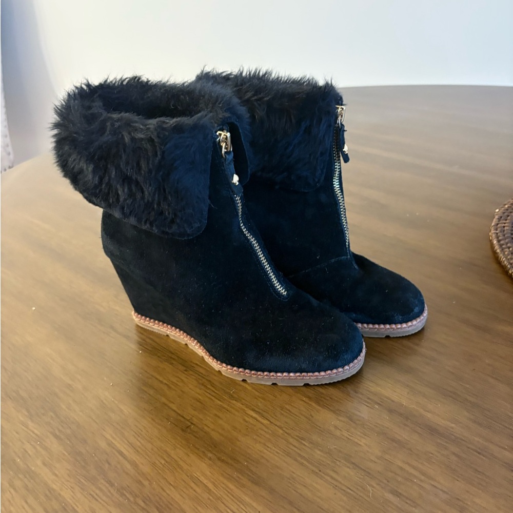 Kate Spade Suede Wedge Ankle Boots with Fur trim
